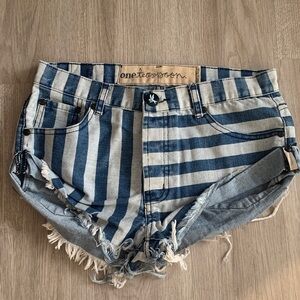 One Teaspoon Distressed Blue Striped Jean Shorts
